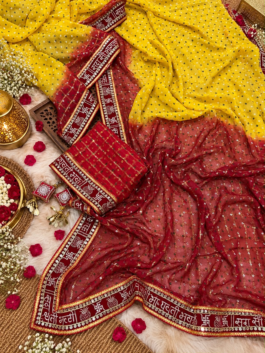 Flowing drape of the yellow and red Sada Saubhagyavati viscose saree – Saanwari