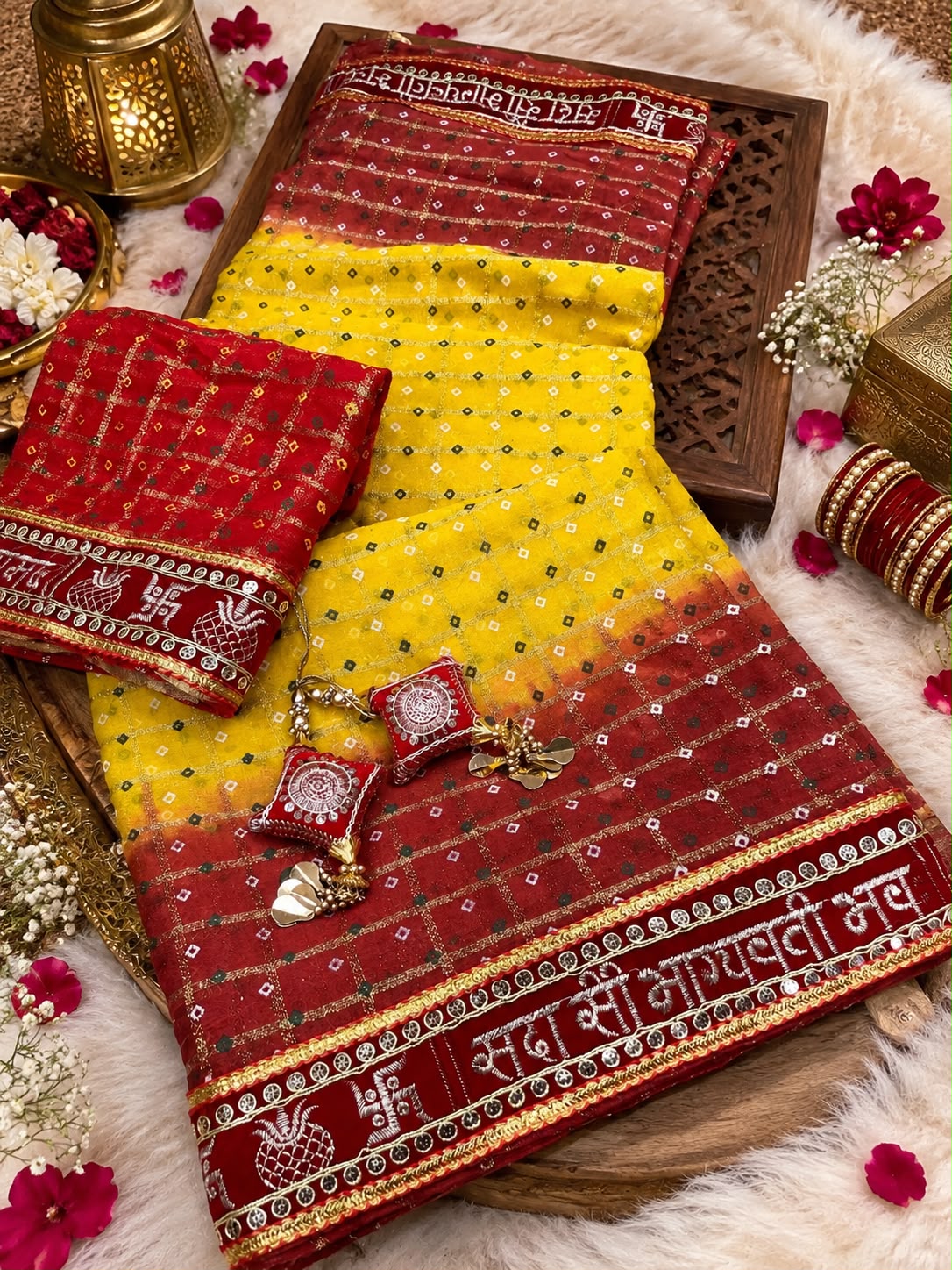 Sada Saubhagyavati saree folded with red checked blouse piece and tassels – Saanwari