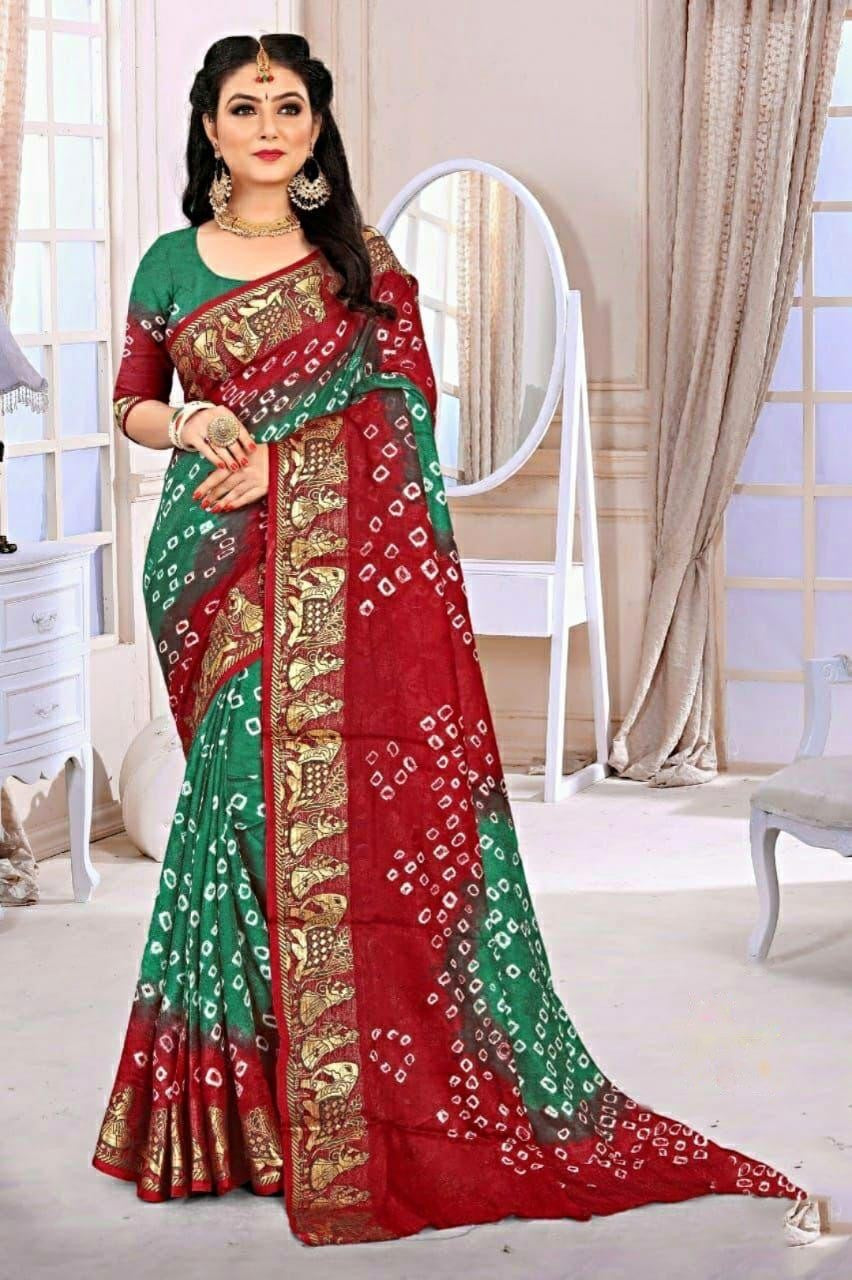 Green and red hand bandhej bandhani saree with zari border