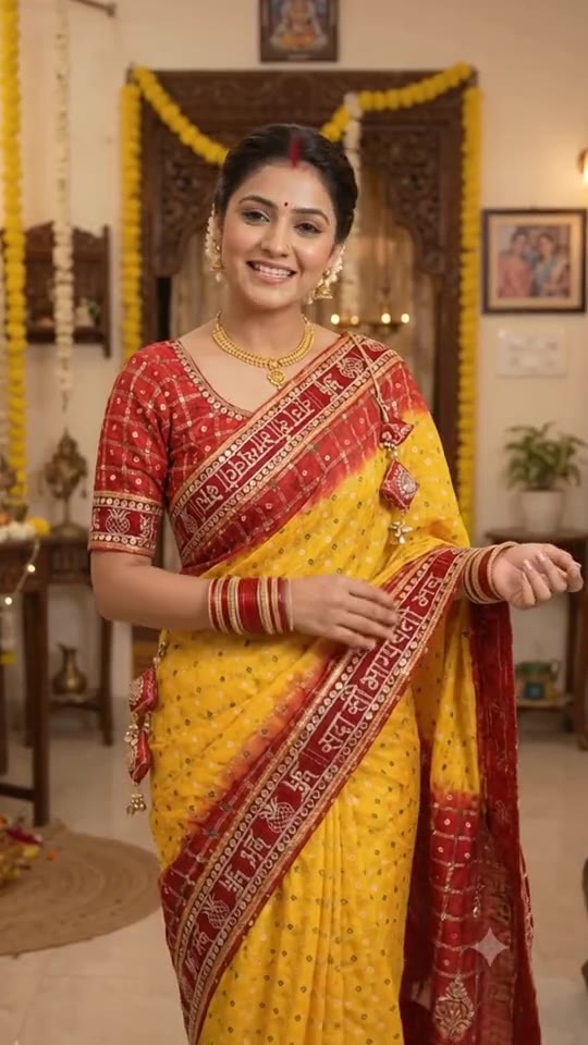 Woman in the yellow and red Sada Saubhagyavati saree