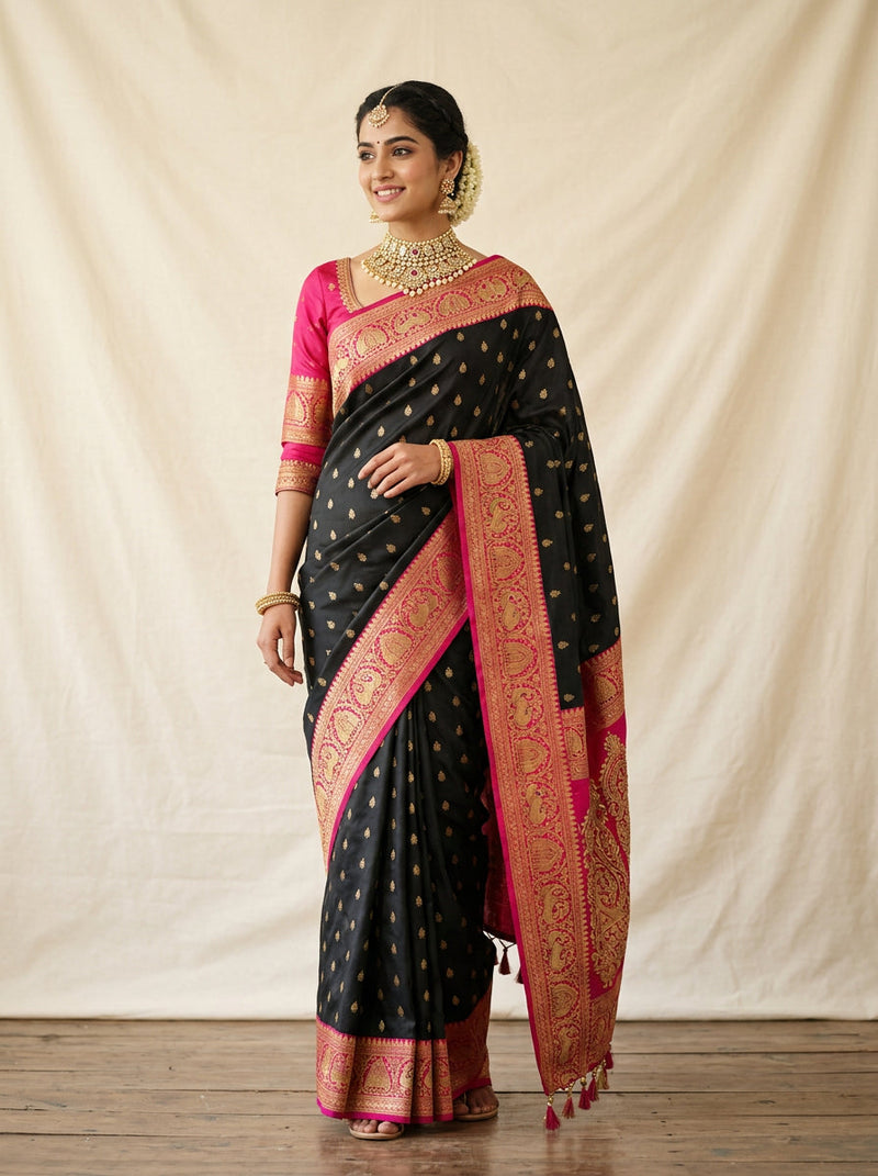 Bridal Silk Saree – Black & Rani Pink