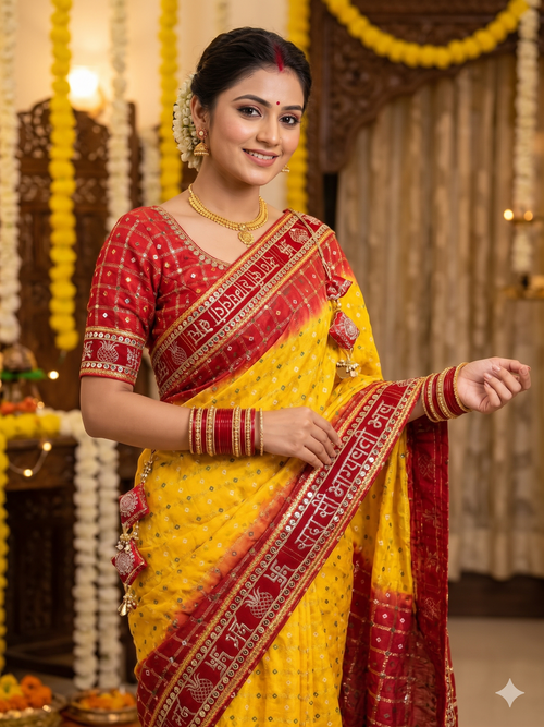 Woman wearing the yellow and red Sada Saubhagyavati viscose saree with foil checks – Saanwari