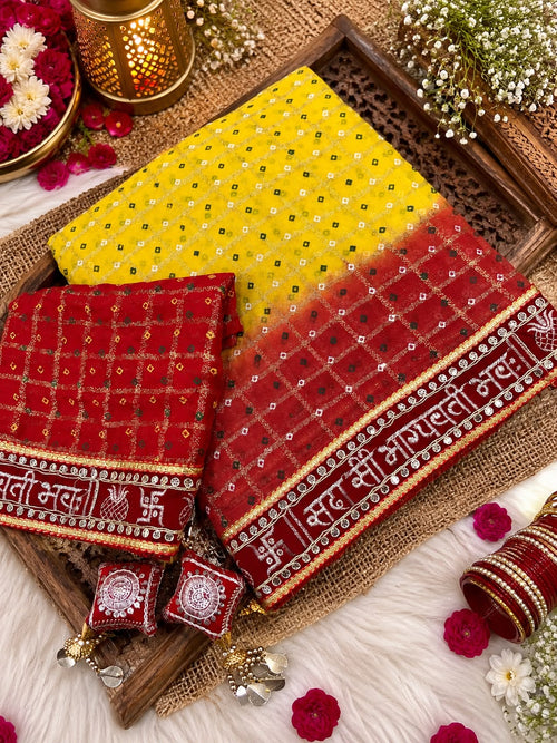 Yellow to red shaded viscose saree with Sada Saubhagyavati Bhava lace border and blouse piece – Saanwari
