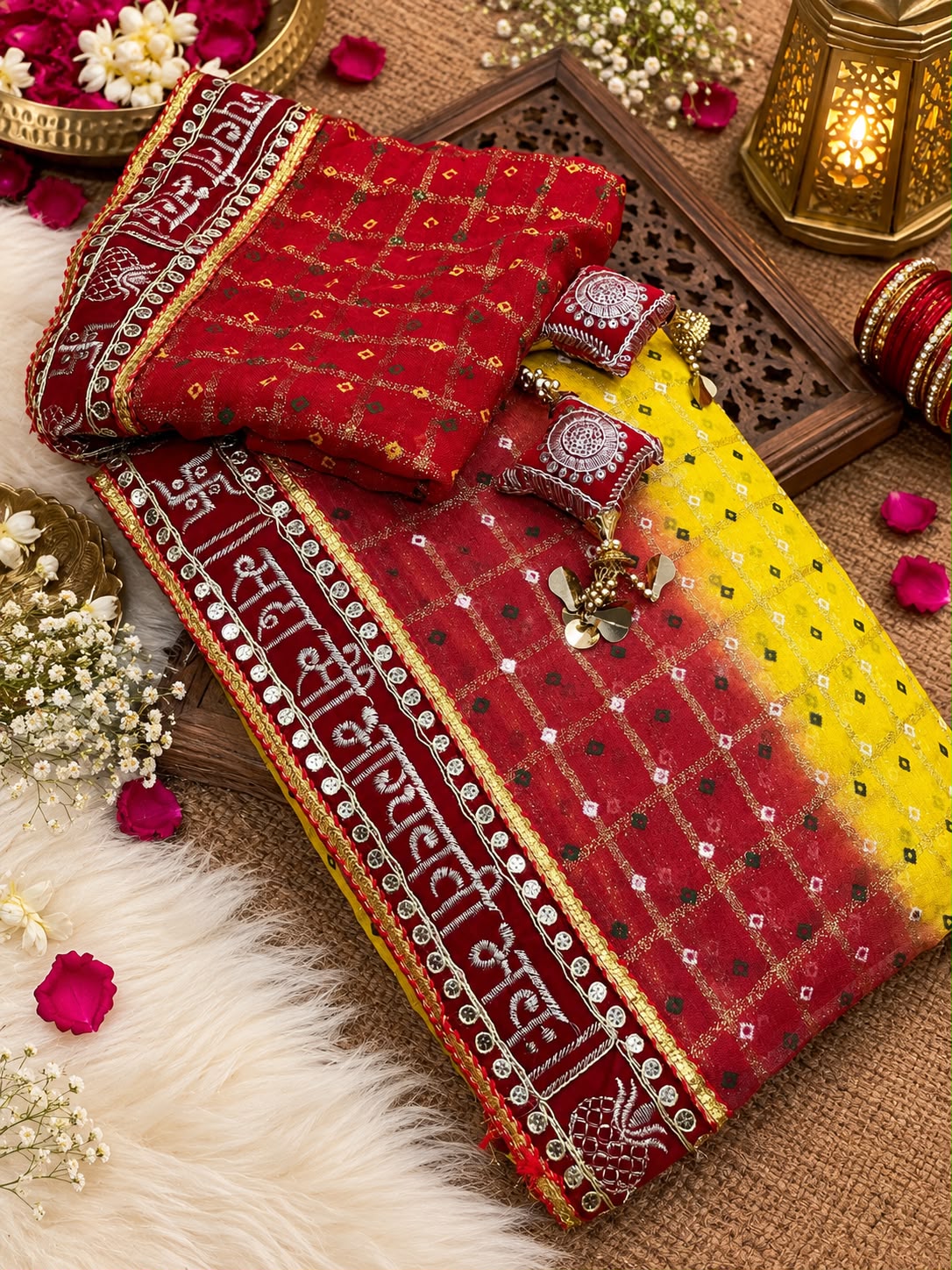 Close-up of Sada Saubhagyavati Bhava lace border with swastik motifs and latkans – Saanwari