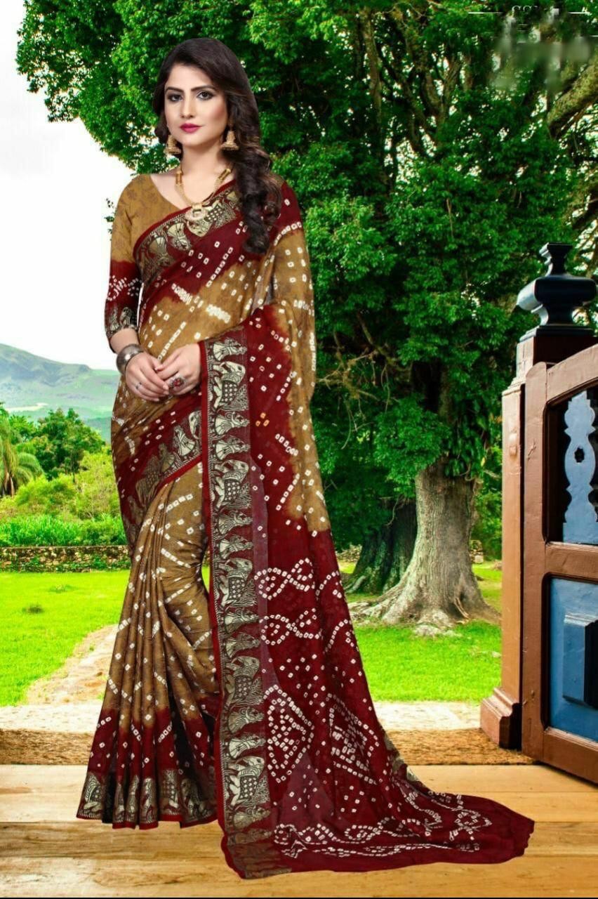Beige and maroon hand bandhej bandhani saree with zari border
