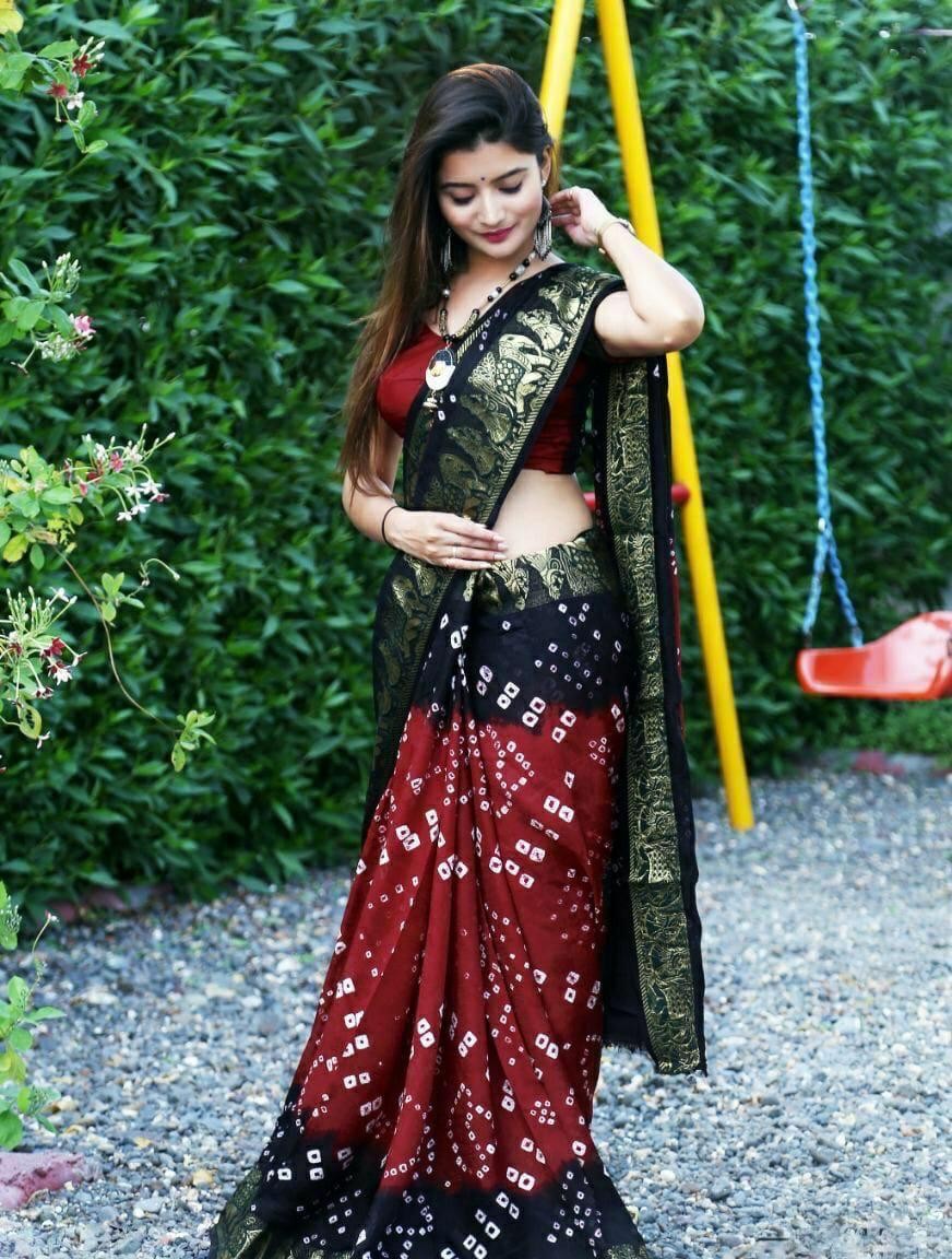 Black and maroon hand bandhej bandhani saree with zari border