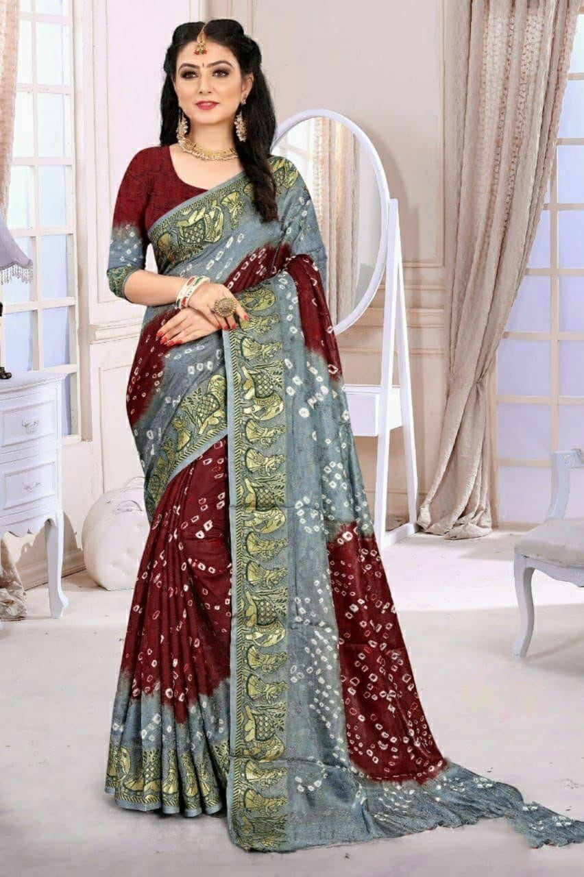 Grey and maroon hand bandhej bandhani saree with zari border