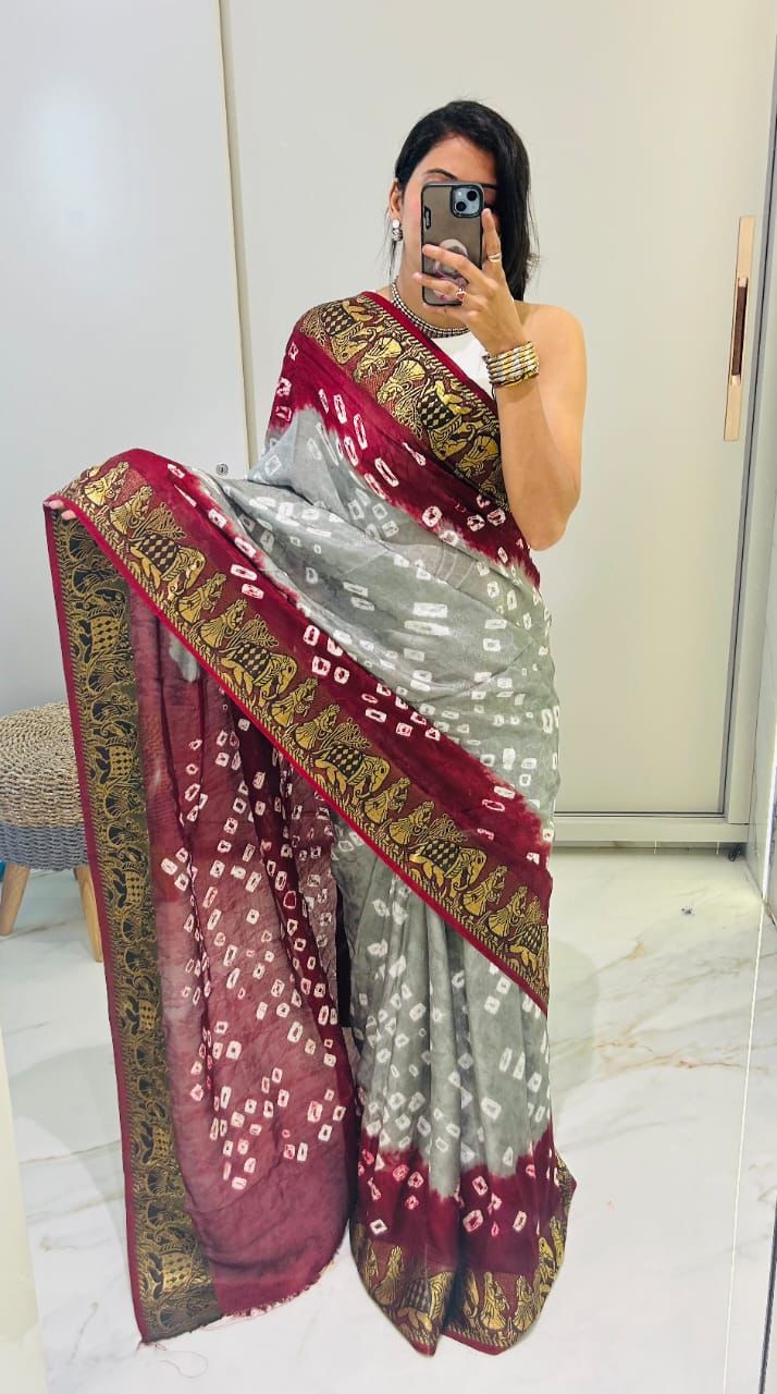 Grey and maroon bandhani saree pallu, real photo