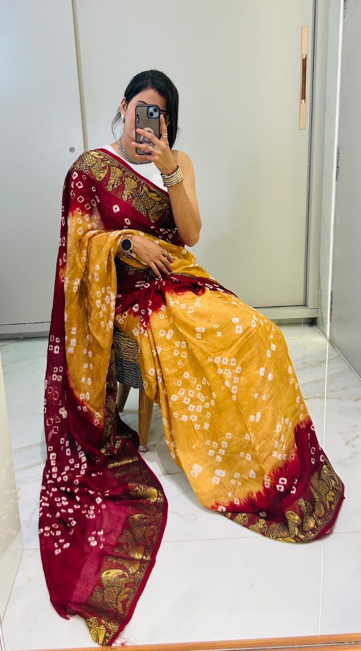 Mustard yellow and maroon hand bandhej bandhani saree, real photo
