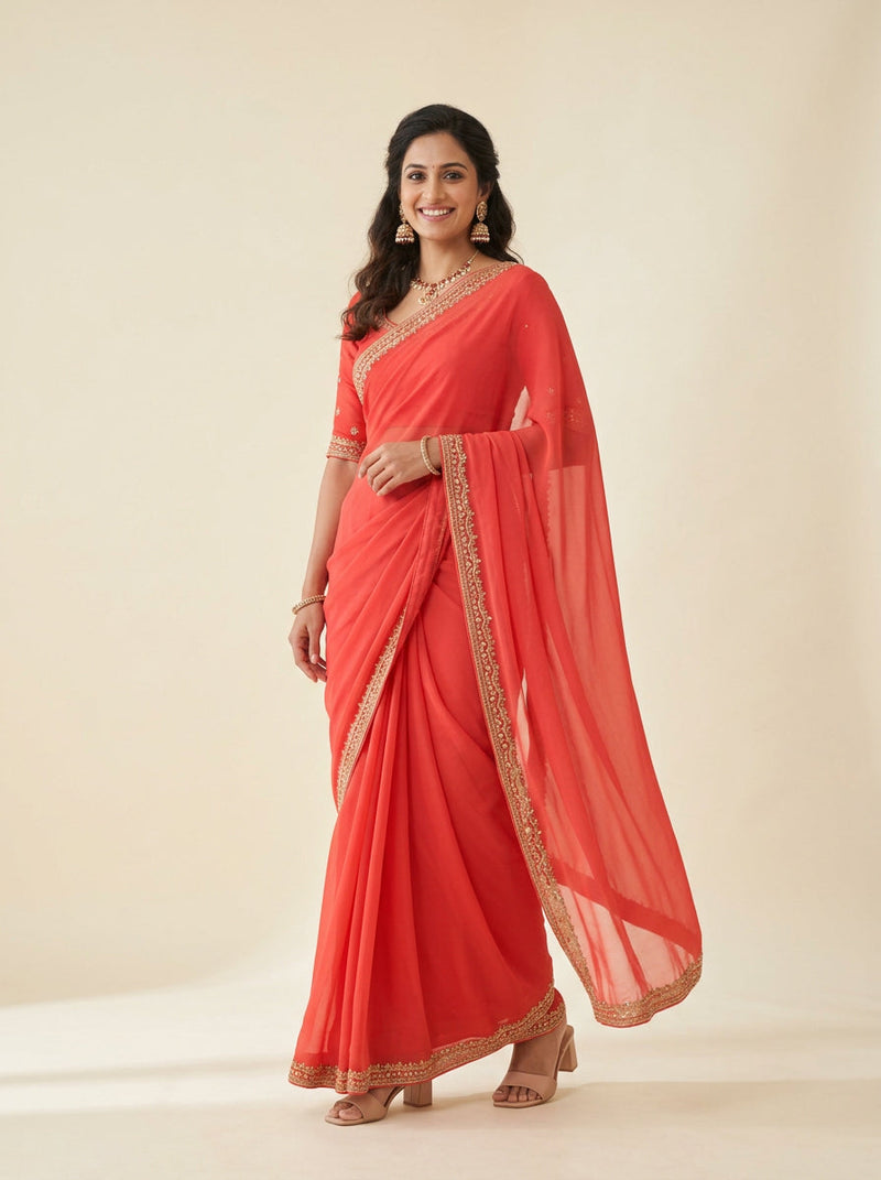 Georgette Party Wear Saree – Coral Red