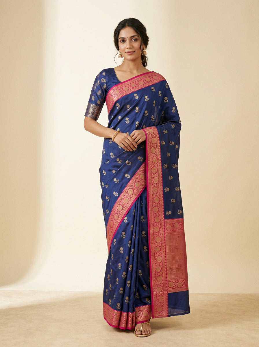 Printed Festive Saree – Indigo Bloom