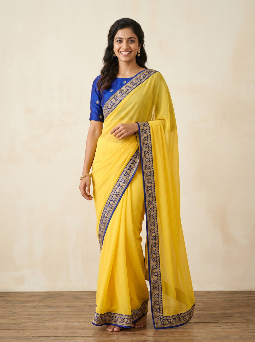 Chiffon Saree – Sunshine Yellow & Blue