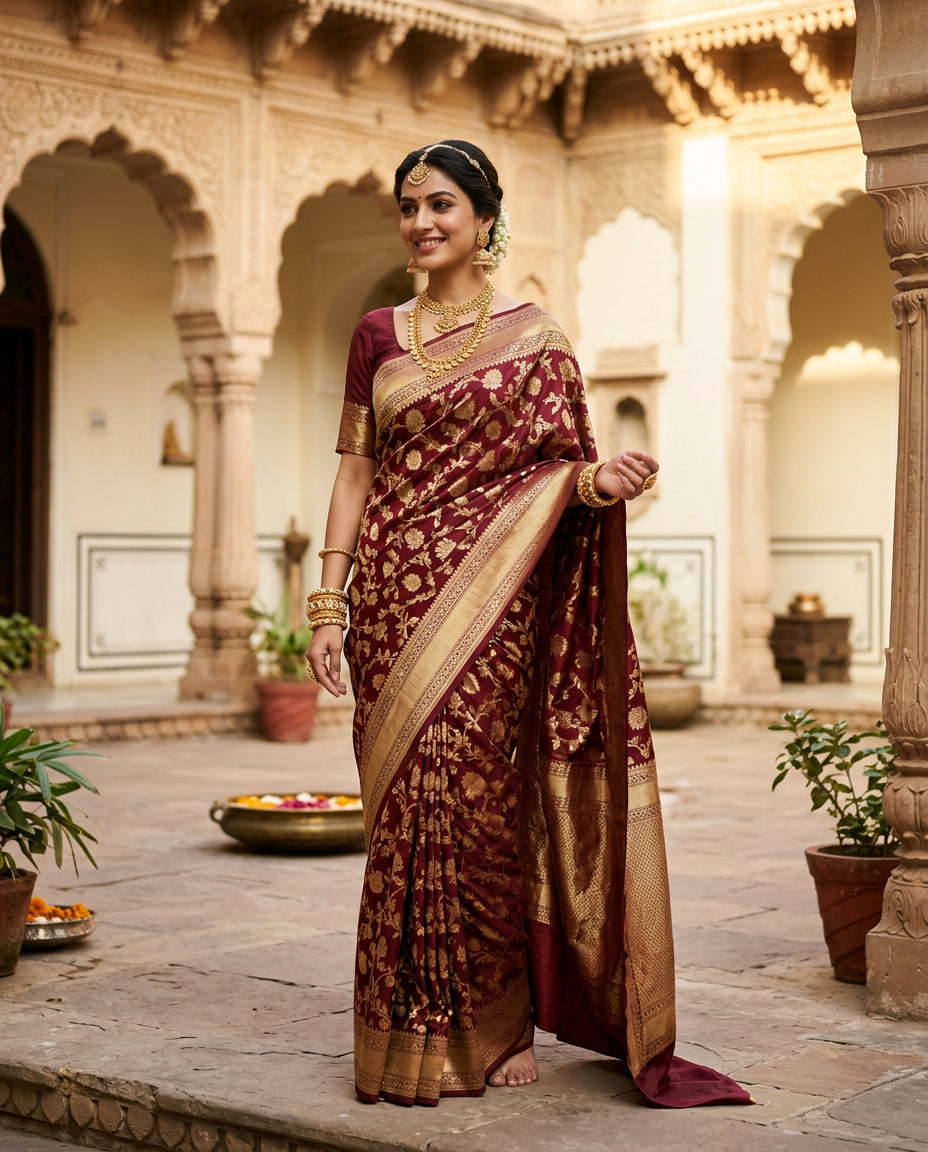 Woman in a maroon Banarasi silk saree in a heritage courtyard